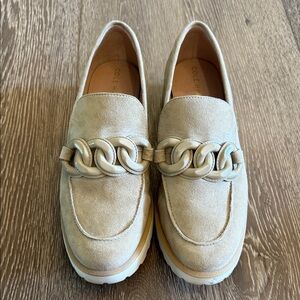 Cole Haan Light Tan Suede Loafers with Chain Accent